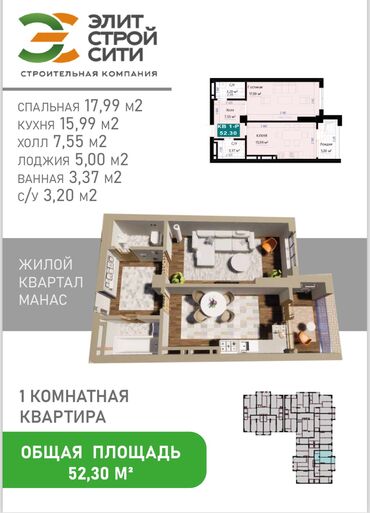 Продажа квартир: 1 комната, 53 м², Элитка, 3 этаж, ПСО (под самоотделку)