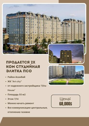 продаю 2х ком квартиру: 2 комнаты, 55 м², Элитка, 7 этаж, ПСО (под самоотделку)