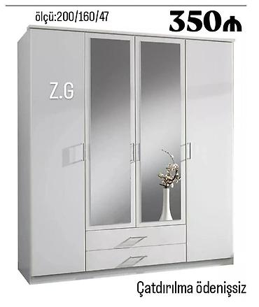 ev mebel: Ağ rəngdə 4 qapılı paltar şkafı - Ölçü: 200/160/47 sm - Ön tərəfdə 2 — 1