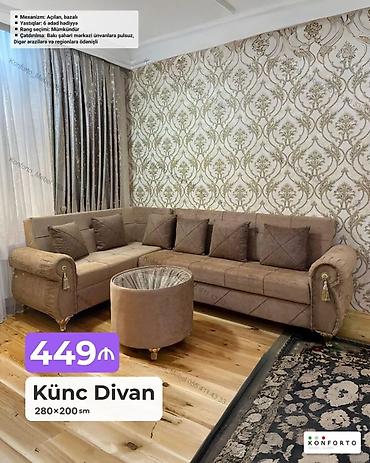 Künc divan – 280×200 sm • Mexanizm: Açılan, bazalı • Yastıqlar: 6