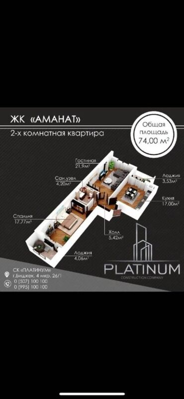 Продажа квартир: 2 комнаты, 74 м², Элитка, 4 этаж, ПСО (под самоотделку)