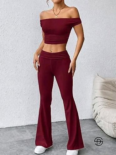 bpc marka: Komplet crop top bez ramena majica i široke zvonare pantalone — 2