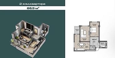 пл: 2 комнаты, 68 м², ул. Горького / Алматинка Элитка, 11 этаж, ПСО (под самоотделку) — 2