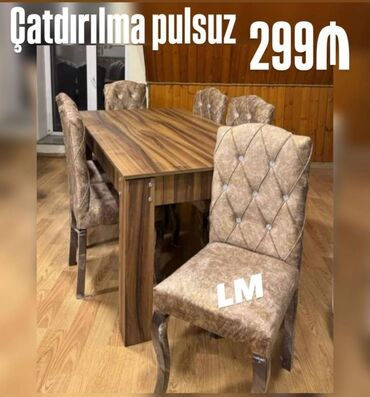 Mebel: Masa + 6 Stul dəsti Masa bağlı: 90×1.60+6stul: 299₼ Masa açılan 