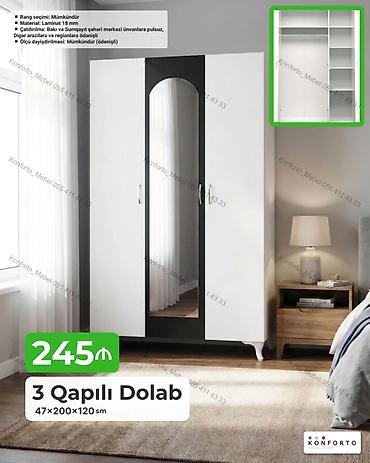 Dolablar: 3 qapılı dolab – 47×200×120 sm Xüsusiyyətlər: - Material: 18 mm — 1