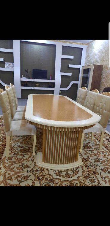 masa dəsdi: Qonaq otağı üçün, İşlənmiş, Açılmayan, Oval masa, 6 stul, Azərbaycan