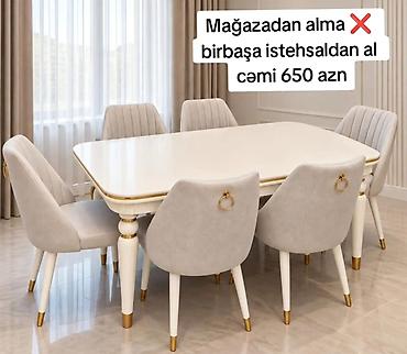 - Yemək otağı dəsti: 1 masa + 6 stul - Rəng: krem/ağ masa, açıq boz