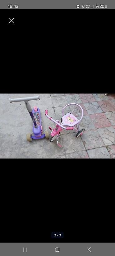 Velosipedlər: Uşaq üçün 2 məhsul dəsti: - 3 təkərli skuter – bənövşəyi/çəhrayı — 1