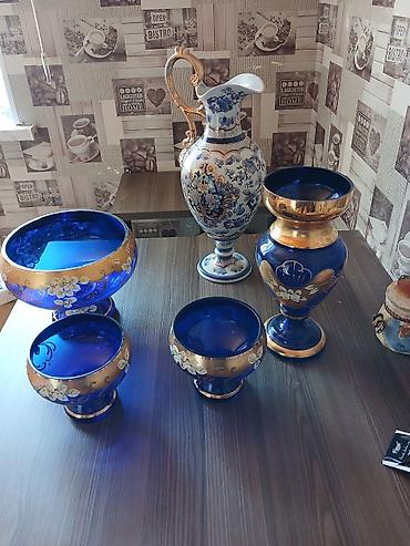 kobalt germany: Kobalt mavi şüşədən dekorativ dəst - 5 ədəd kobalt mavi şüşə qab və 1 — 1