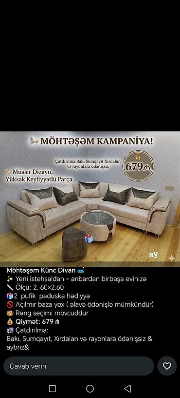 divan xırdalan: Künc divan, Yeni, Açılmayan, Bazasız, Parça, Pulsuz çatdırılma — 1