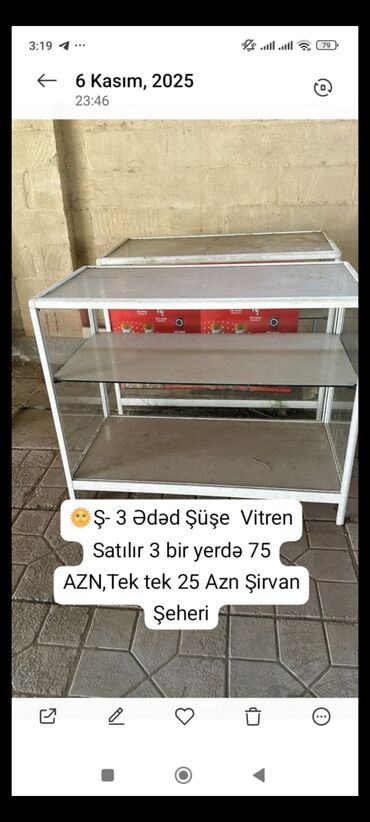 soyutma sistemi: Şüşə vitrinlər – 3 ədəd - Material: şüşə panellər və metal karkas -