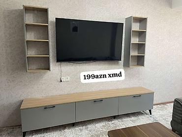 ekran sekilleri 3d: TV stendi və divar rəfləri dəsti - Modern minimalist dizayn: boz — 1