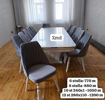 Ağ parlaq üstlü, qızılı dekor xətti ilə modern yemək masası və yumşaq lalafo.az -da Ağ parlaq üstlü, qızılı dekor xətti ilə modern yemək masası və yumşaq