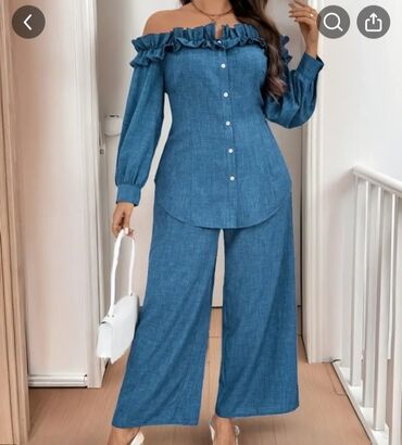 женские новогодние костюмы: İki hissəli qadın dəsti – mavi denim effektli parça - Üst: Geniş