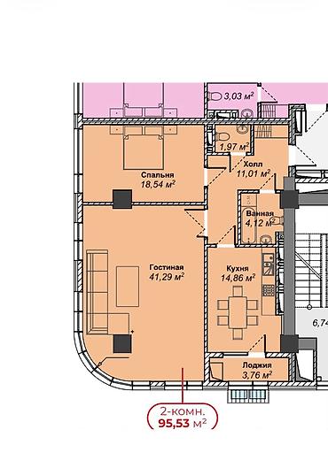 18: 2 комнаты, 95 м², Азия Молл Элитка, 3 этаж, ПСО (под самоотделку) — 3