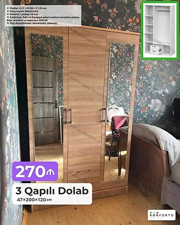 Mebel: 3 qapılı geyim dolabı Ölçülər: Dərinlik 47 sm × Hündürlük 200 sm × En — 1
