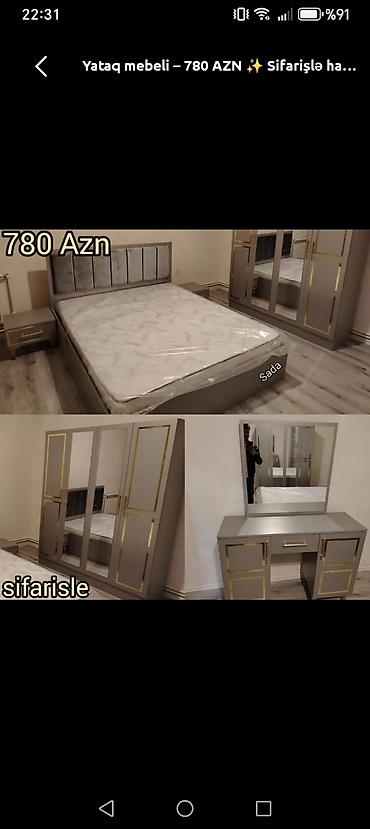qapi sifarisi: Yataq mebeli dəsti – 780 AZN Dəst tərkibi: - Çarpayı (yumşaq başlıq — 1
