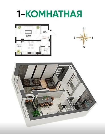 kant flat: 1 комната, 48 м², ул. Алматинка / Чуй Элитка, 10 этаж, ПСО (под самоотделку) — 2