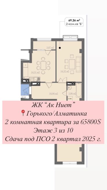 квартира бишкек 2 комнатная: 2 комнаты, 68 м², Элитка, 3 этаж, ПСО (под самоотделку)