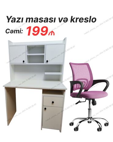 Çarpayılar: Yazı masası və kreslo dəsti • Dəst: üst rəflərlə yazı masası +