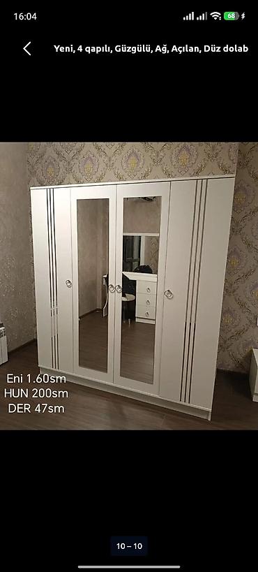 Dolablar: Yeni, 4 qapılı, Güzgülü, Ağ, Açılan, Düz dolab — 1