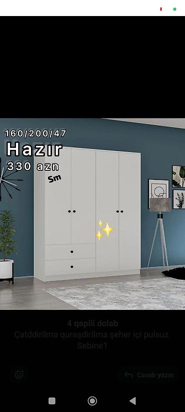 paltar iskafi: 4 qapılı ağ şkaf – Hazır model Ölçülər: 160/200/47 sm Qiymət: 330 AZN — 1