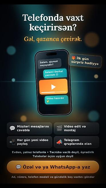 SMM və Video Editör 💵Evinizdən rahatlıqla Telefonla edə biləcəyiniz