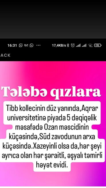 Otaqların uzunmüddətli kirayəsi: Tələbə qızlara kirayə şəraitli əşyalı hər şəraitli həyət evi .Geniş — 14