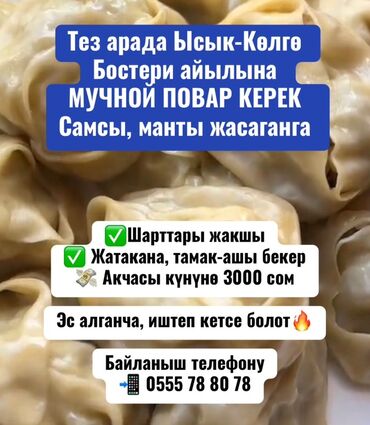 робота шаурма кара балта: Тез арада Ысык-Көлгө Бостери айылына МУЧНОЙ ПОВАР КЕРЕК Самсы, манты
