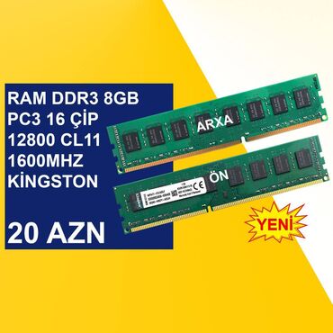 Digər ehtiyat hissələri: Operativ yaddaş (RAM) Kingston, 8 GB, 1600 Mhz, DDR3, PC üçün, Yeni