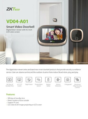 видеокамера: ZKTeco VD04-A01 Ağıllı Video Qapı Zəngi - 4.3" rəngli LCD daxili