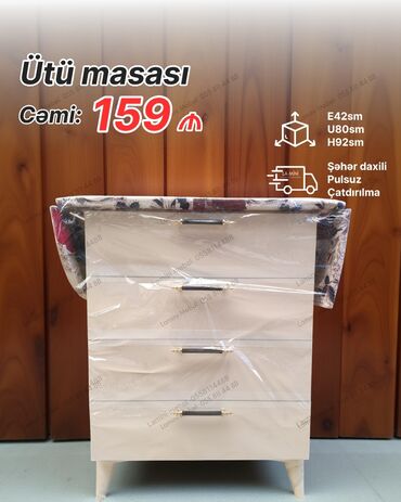 Ütüləmə lövhələri: Dörd siyirməsi olan ütü masası, açıq rəngli materialdan hazırlanıb
