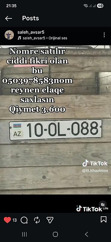 avto aksessuarlar: Satılır: Azərbaycan dövlət qeydiyyat nişanı 10-OL-088 - Tip — 1
