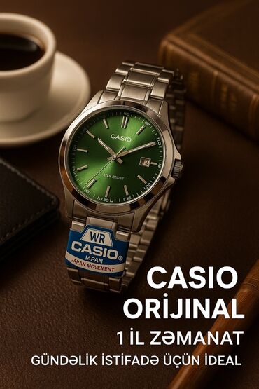 Casio brendindən yaşıl siferblatlı zərif qol saatı. Saatın