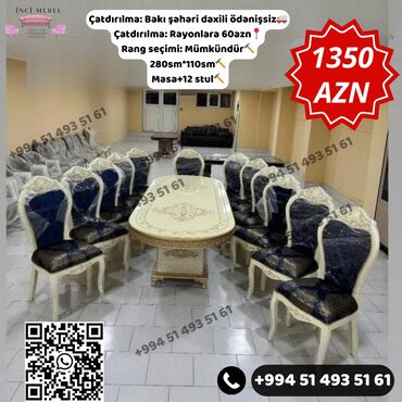 Masa və oturacaq dəstləri: Qonaq otağı üçün, Yeni, Açılmayan, Dördbucaq masa, 6 stul — 14