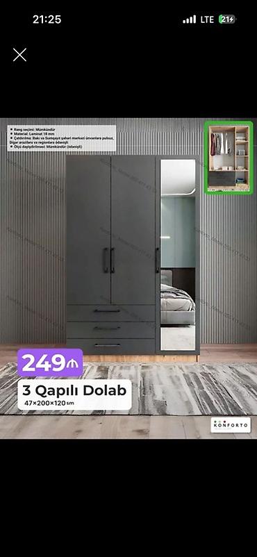 3 qapılı geyim dolabı Ölçü: 47×200×120 sm Material: 18 mm laminat