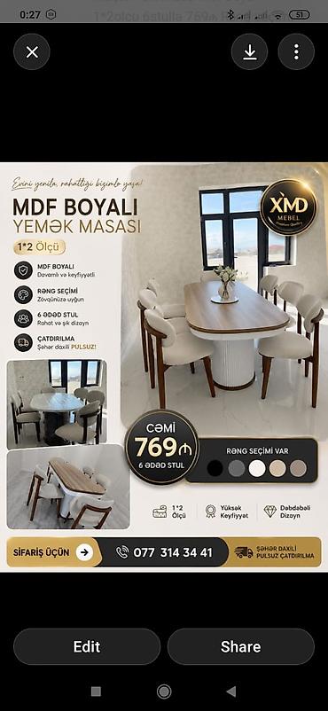 boyama seti: MDF boyalı yemək masası və 6 ədəd stul dəsti - Ölçü: 1×2 m - — 1