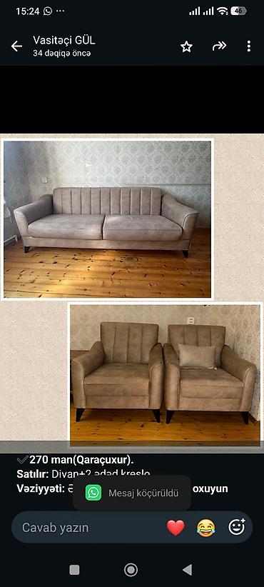 *✔️270 man(Qaraçuxur).* *Satılır:* Divan+2 ədəd kreslo. *Vəziyyəti:*