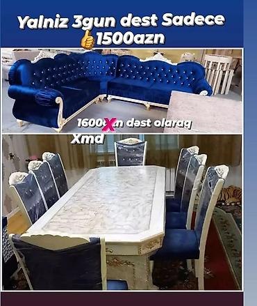 qədimi oturacaqlar: Məhsul: Mebel dəsti - Künc divan: Tünd mavi, məxməri parça. Qol — 1