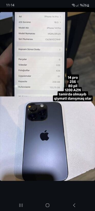 Apple iPhone: IPhone 14 Pro, 256 GB, Black Titanium, Barmaq izi, Face ID