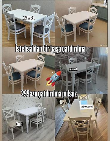 kuxna stol: Ağ rəngli mətbəx/çıxarılma masası və 4 ədəd stul dəsti. - Klassik — 1