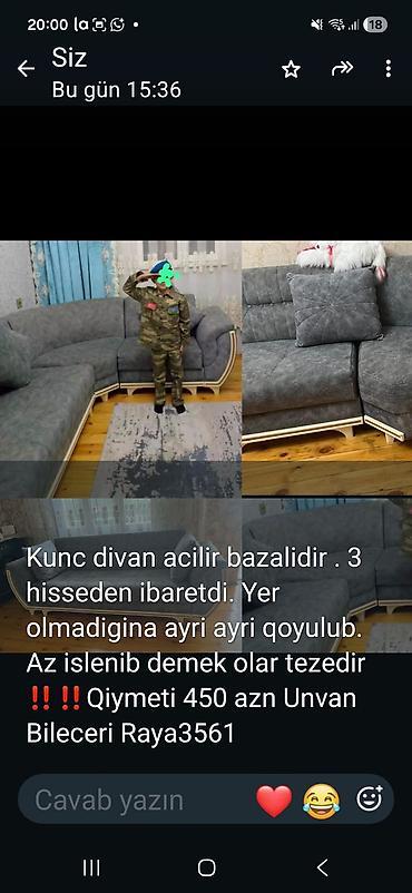divan kredit: Künc divan – açılır və bazalı model. - 3 hissədən ibarətdir, modullar — 1