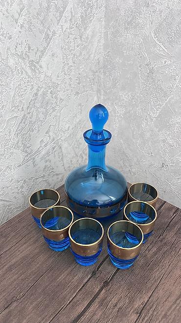 Mətbəx texnikası: 💙 Vintage mavi qrafin dəsti – 7 hissə 💙 ✨ 1 qrafin + 6 stəkan 💎 Zərif — 1