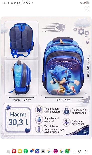 Məktəb çantaları: Sonic temalı uşaq məktəb çantası Ölçülər: - Hündürlük: 43 sm - En: 32 — 1