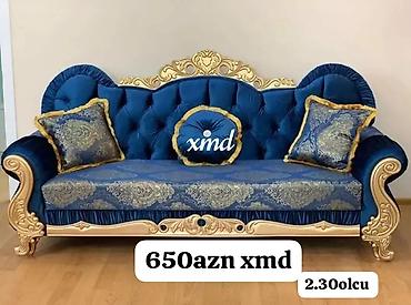 divan şəkilləri: Klassik dizaynlı 3 nəfərlik divan. - Rəng: Kral mavisi, qızılı dekorlu — 1