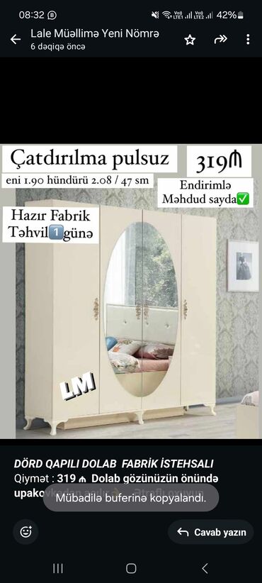 Sifarişlə dolablar: _*dörd qapili dolab*_ _*fabri̇k i̇stehsali*_ qiymət : *319 ₼* *dolab