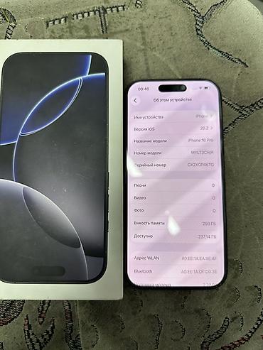 Уюлдук телефондор жана аксессуарлар: IPhone 16 Pro, Колдонулган, 256 ГБ, Black Titanium, Куту, 89 % — 2