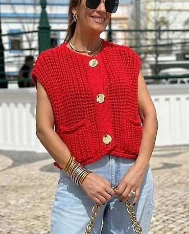 Prsluci: 🔥Pleteni ženski prsluk sa kratkim rukavima i velikim dugmadima 1700 — 6