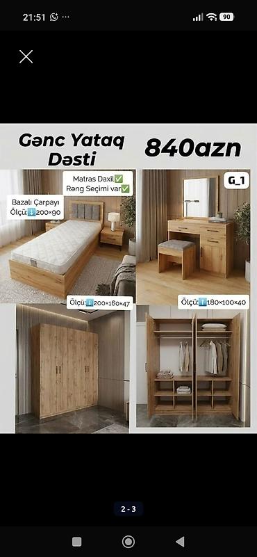 Gənc Yataq Dəsti – 840 AZN Komplektin tərkibi: - Bazalı çarpayı –