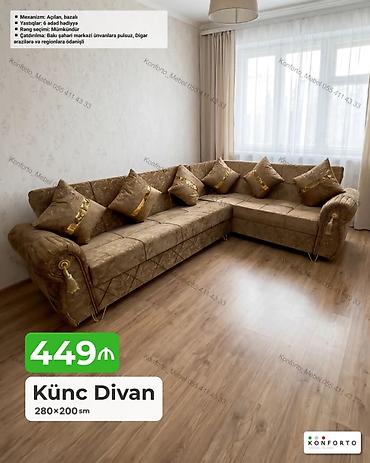 Divanlar: Künc divan – 280×200 sm - Mexanizm: açılan, bazalı (yataq funksiyalı — 1